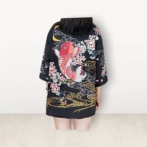 Japanese koi blossoms black kimono